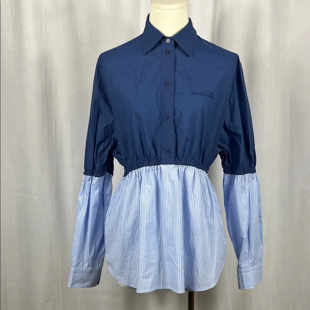 PUSHBUTTON Blue Striped Nylon Blouse. - Picture 2 of 9